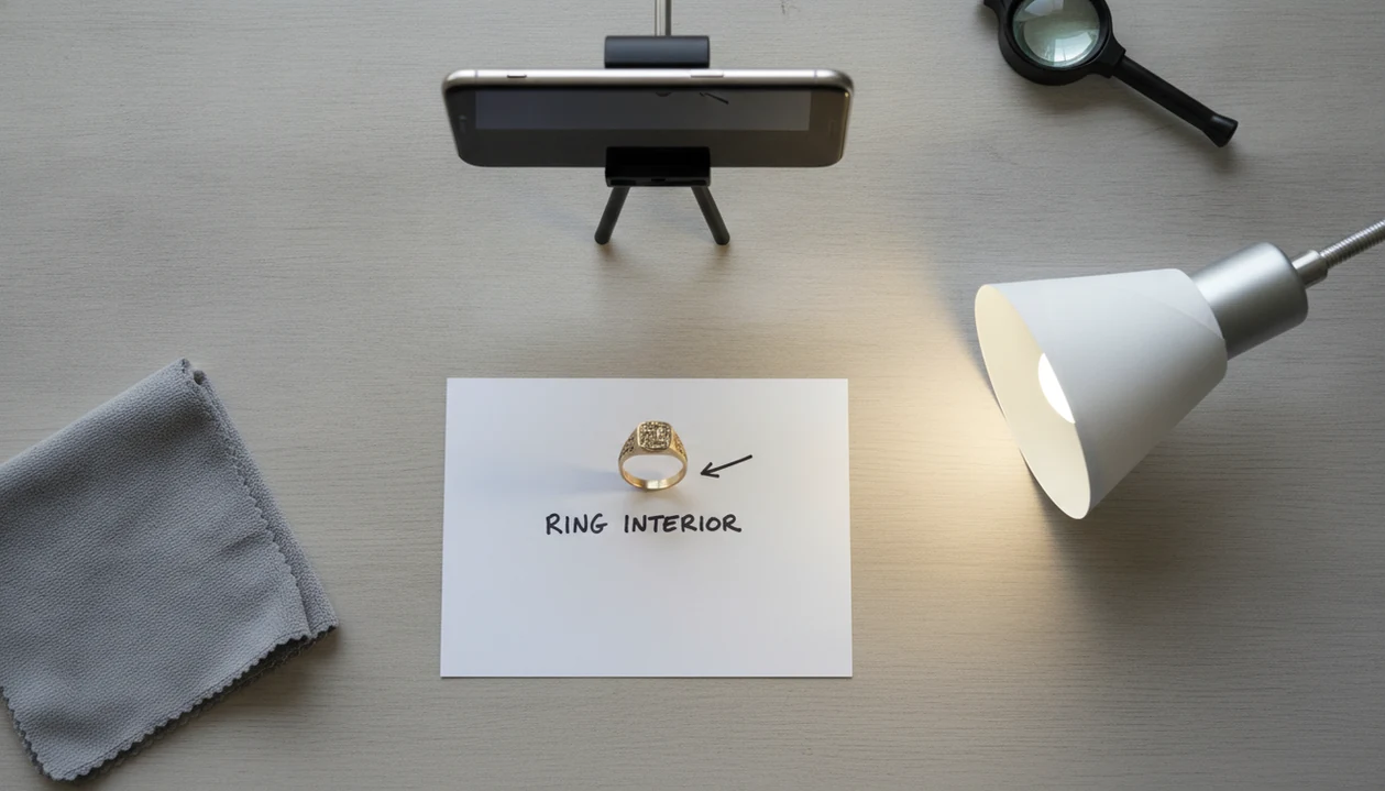 A ring is set on a plain white card under soft light for a safer, clearer jewelry photo.
