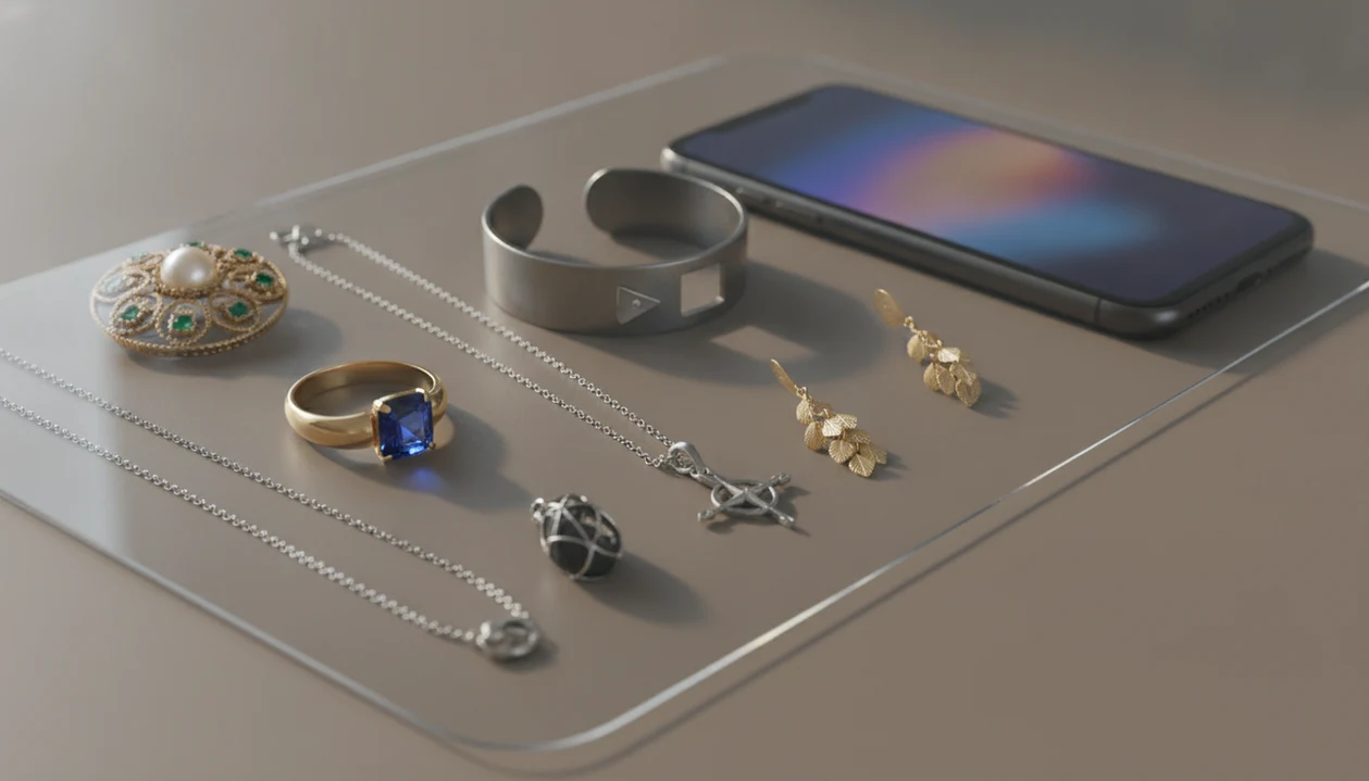 Jewelry pieces sit beside a softly glowing phone, suggesting private photo-based identification.