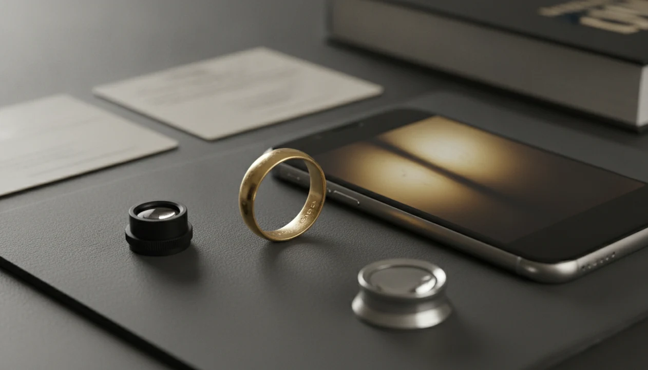 A gold ring, loupe, macro lens, and phone set up to photograph a tiny inside hallmark.