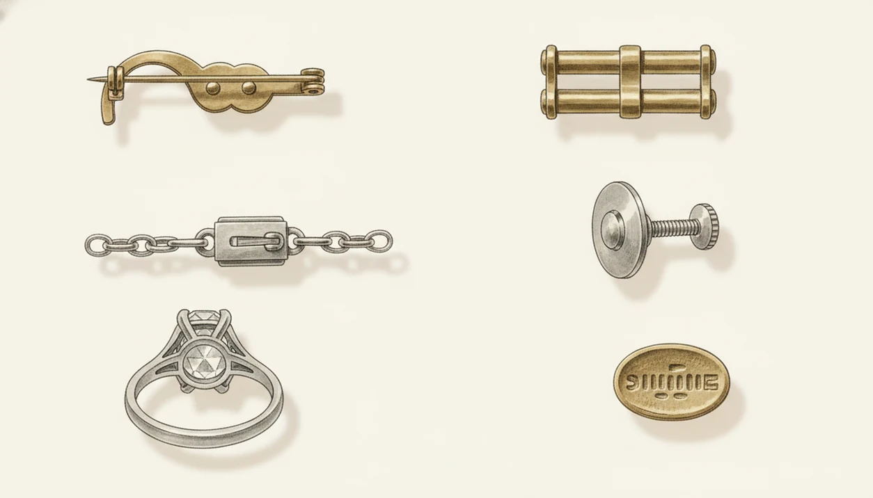 Illustrated vintage jewelry hardware examples show clasps, earring backs, prongs, and mark areas.