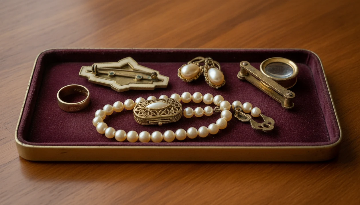 Vintage rings, brooches, earrings, and a necklace are arranged to show clasps, backs, and marks.