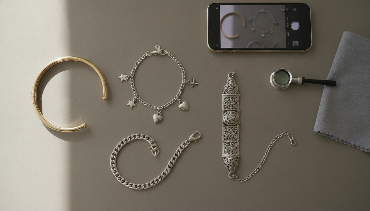 Bracelets, clasps, charms, and a phone arranged for photo-based jewelry identification.